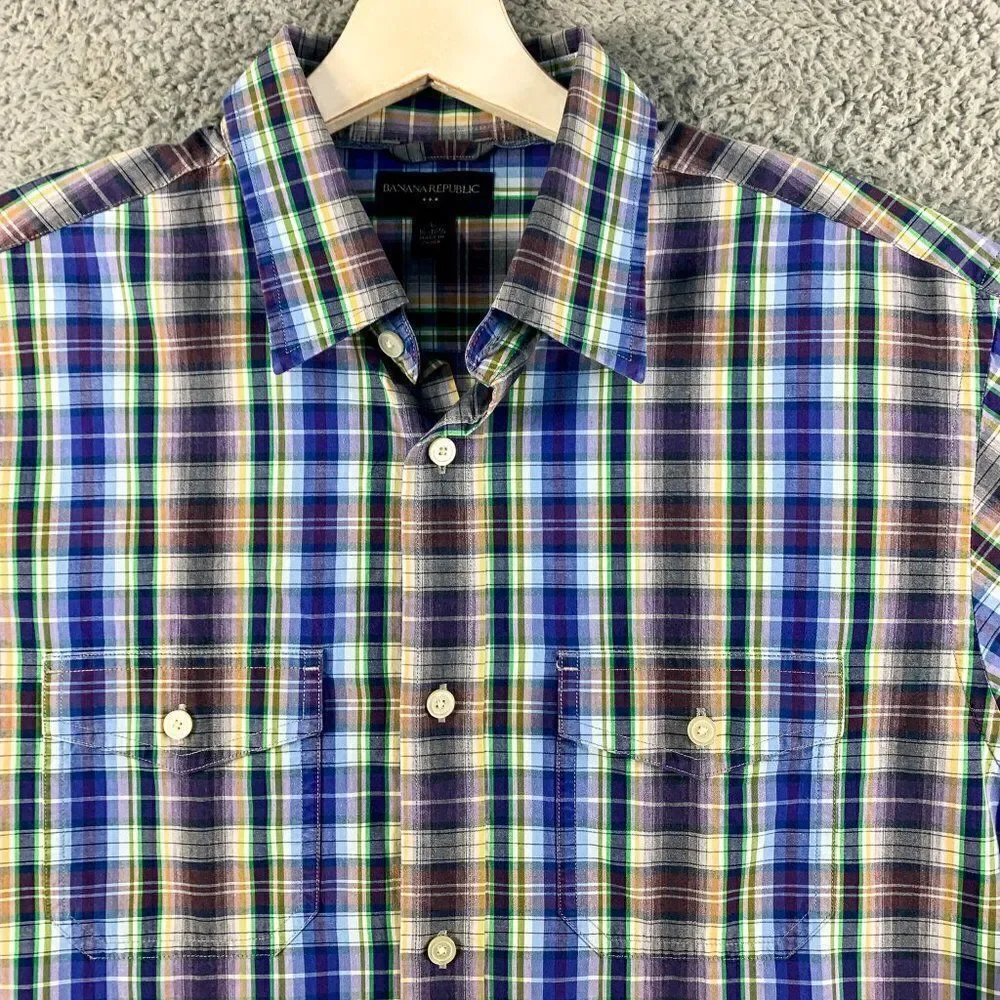 Banana Republic Shirt Mens Large Blue Brown Plaid Business‎ Casual Outdoor Camp